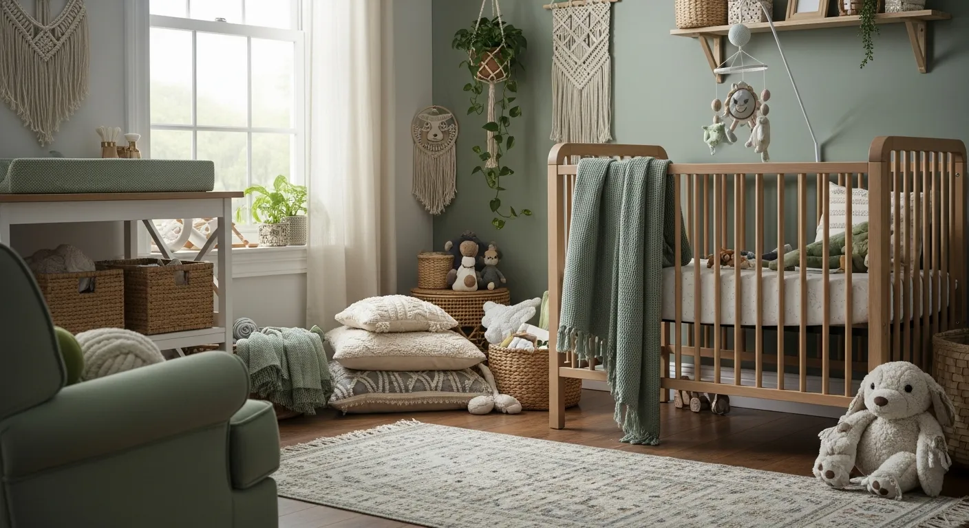Sage green accent wall styling tips for bohemian nursery and kids room featuring natural woven decor