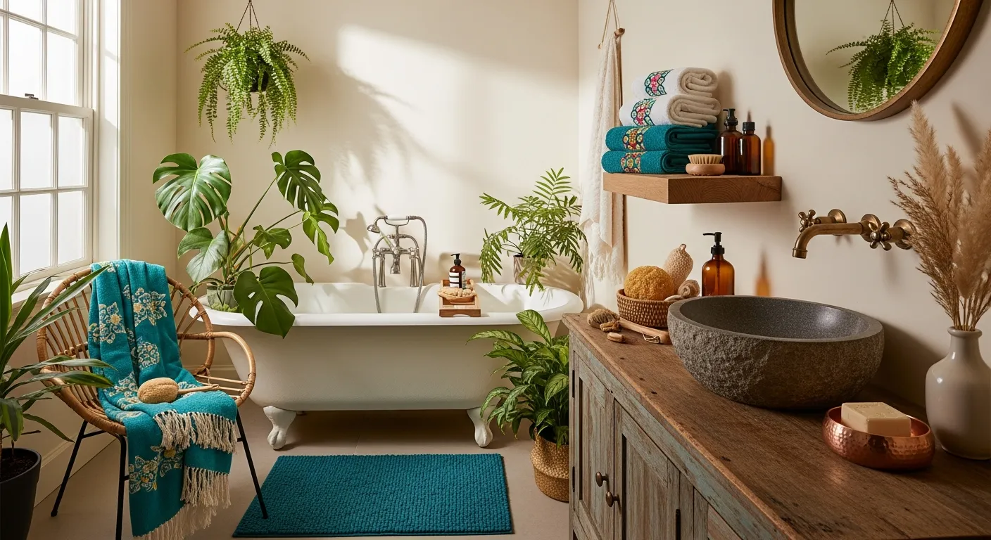 Vibrant teal bohemian bathroom decor with natural rattan baskets and shower plants
