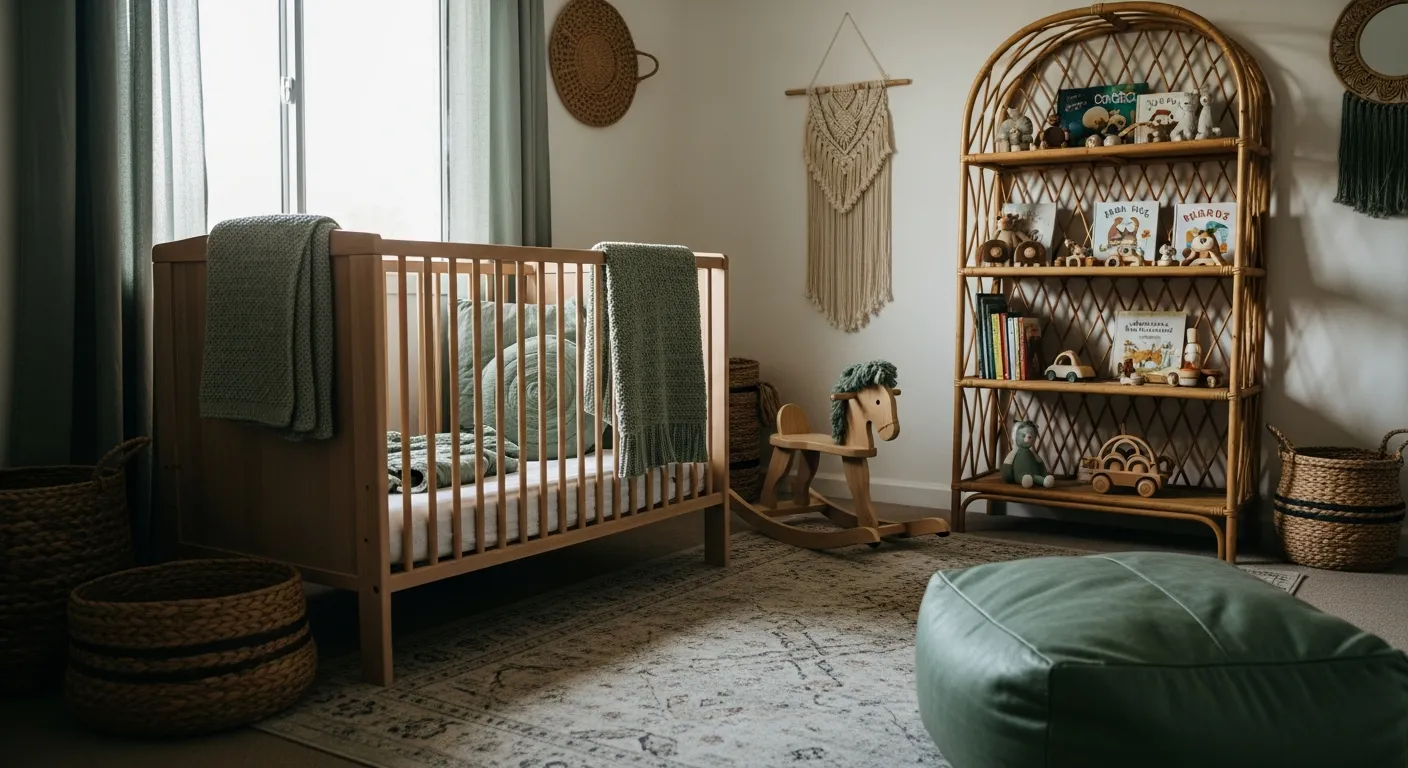Earthy bohemian nursery showcasing calming sage green walls, a woven crib, and natural warm color tones