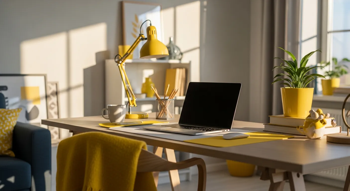 Creative Scandinavian workspace featuring a bright yellow wall and minimalist decor
