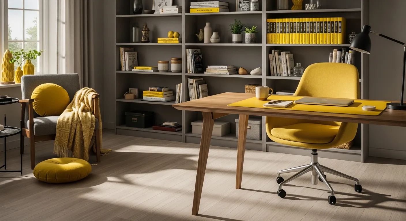 Minimal oak desk against a cheerful yellow accent wall in a Scandi home office
