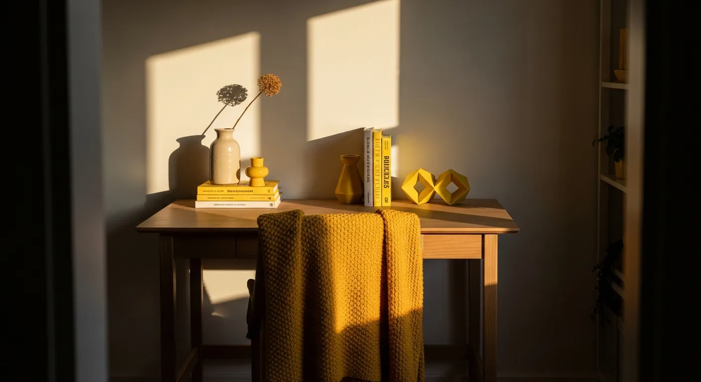 Mustard yellow desk chair paired with light wood furniture in a Scandinavian home office