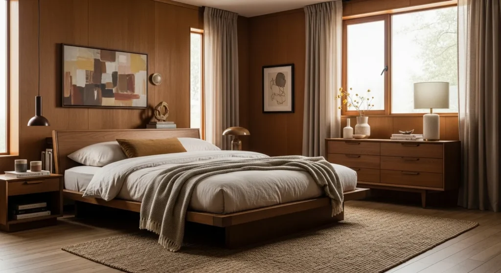 A cozy mid-century modern bedroom featuring warm bronze accents and sleek wooden furniture.