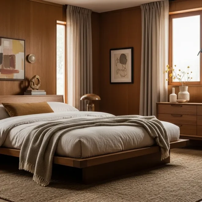 A cozy mid-century modern bedroom featuring warm bronze accents and sleek wooden furniture.