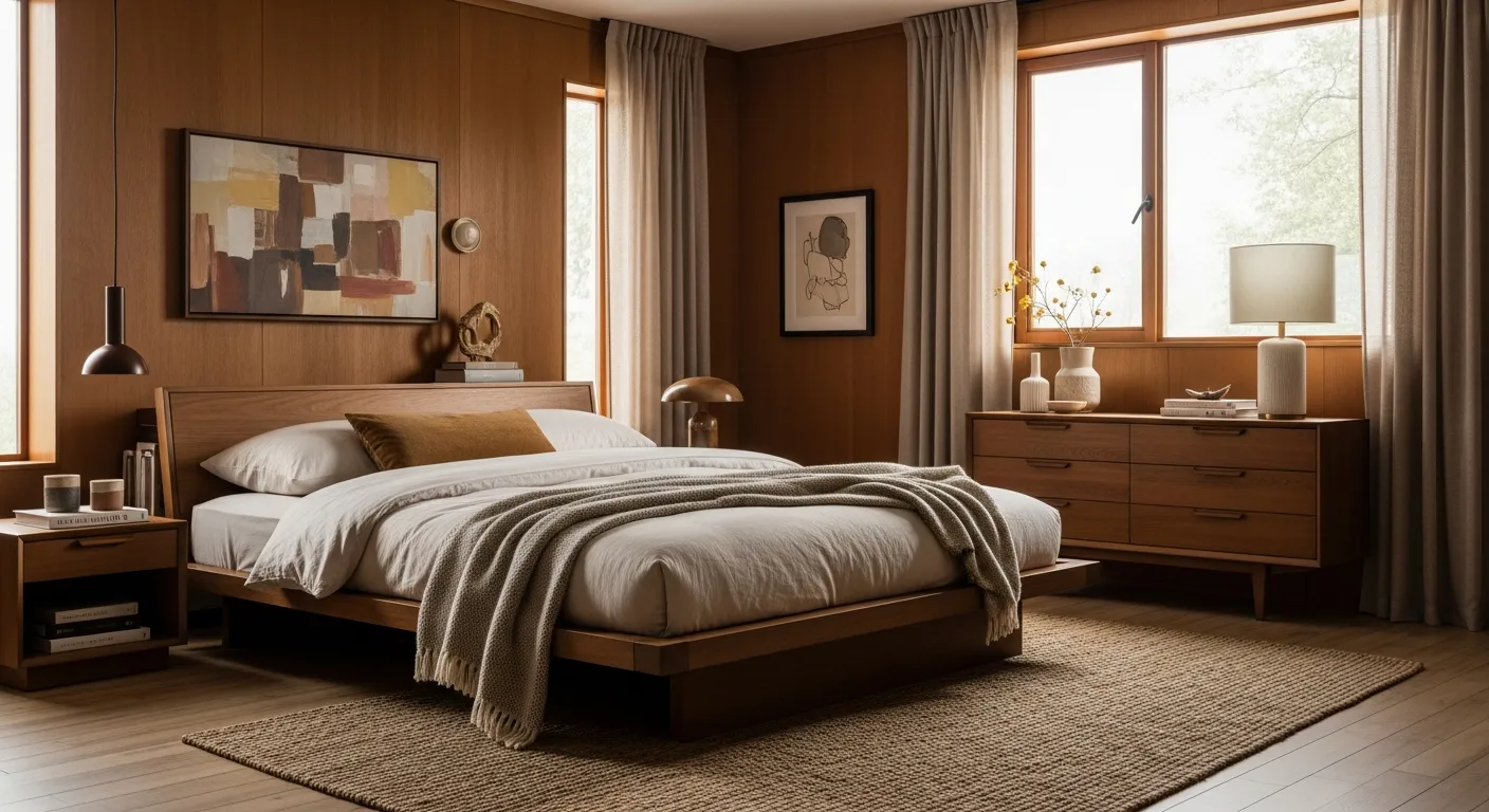 Bronze accents and walnut furniture showcasing calming mid-century modern bedroom decor