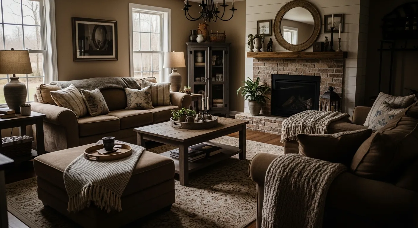 Rustic living space palette with rich wood textures and soft brown fabrics.