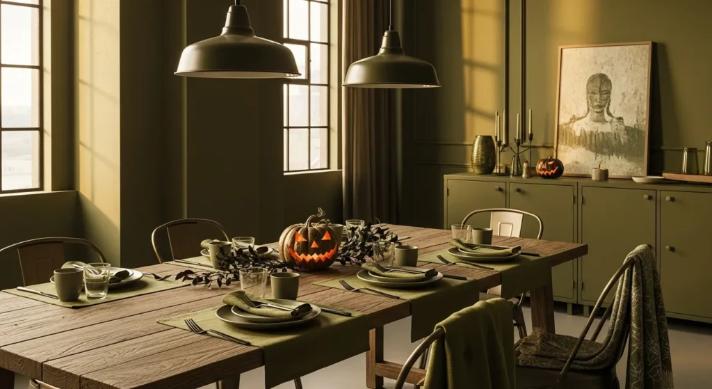 Industrial dining room featuring olive green accents, raw metal fixtures, and rustic wood furniture.