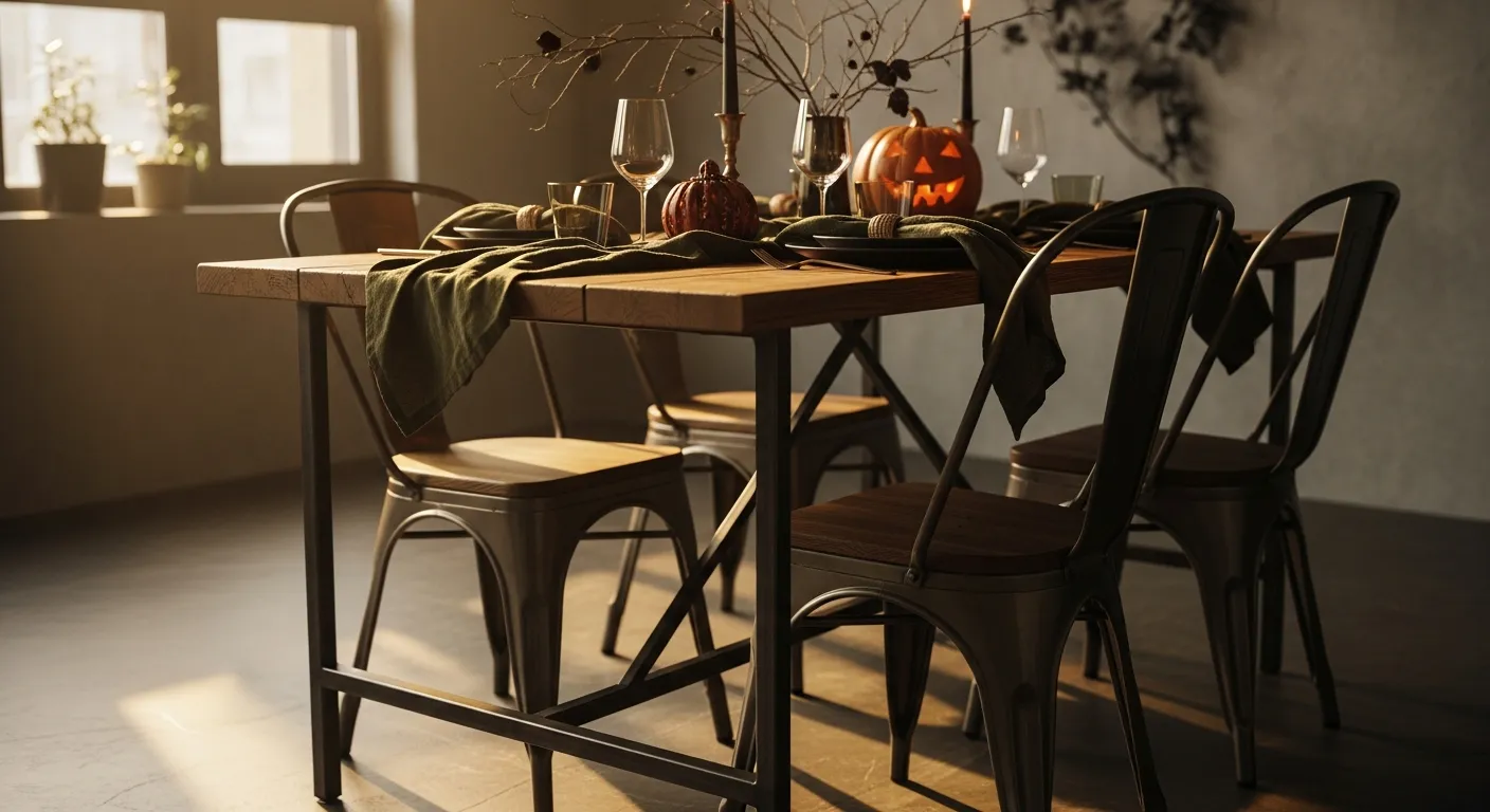 Distressed wood elements softening dark olive green dining room walls