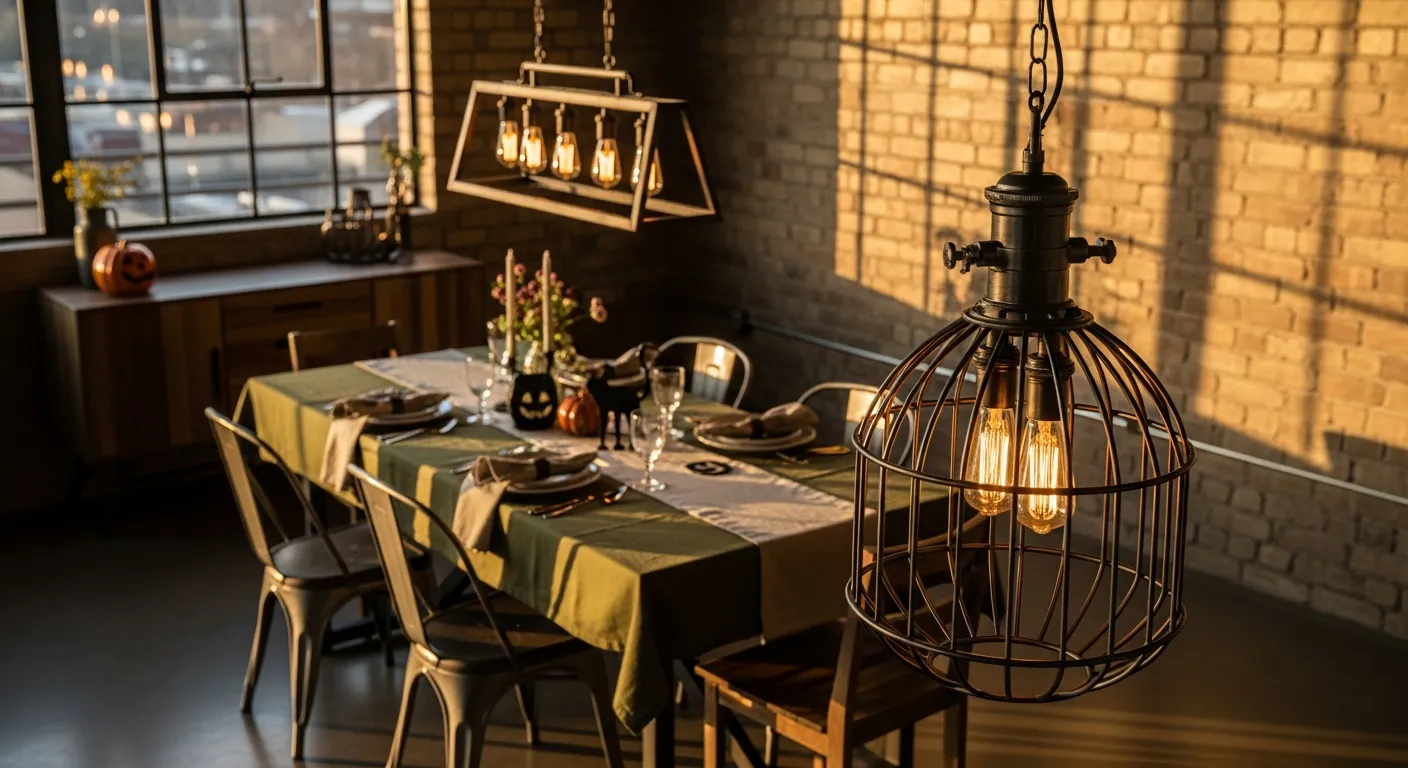 Moody Halloween dining room with industrial metal accents and green tones
