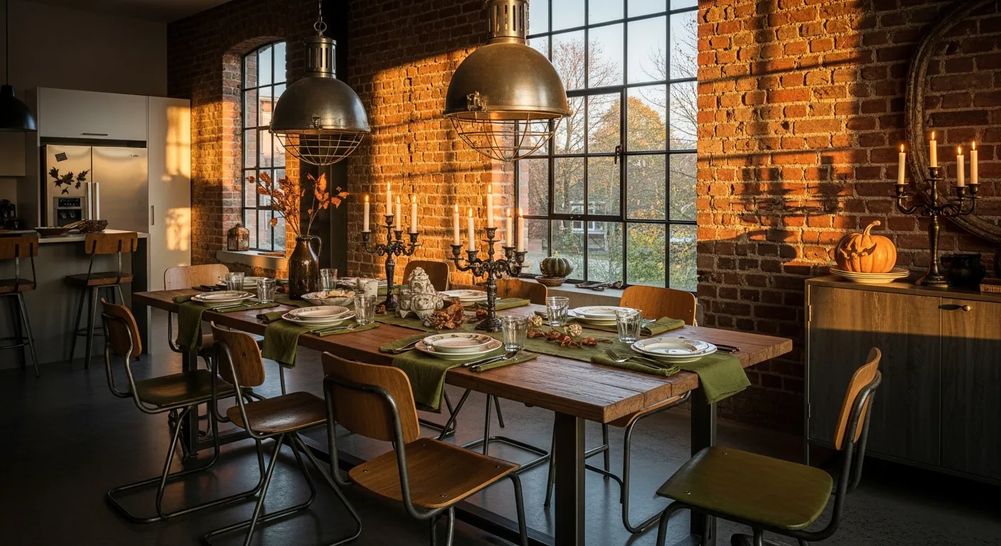 Balanced industrial dining room with rustic metal fixtures and warm wood