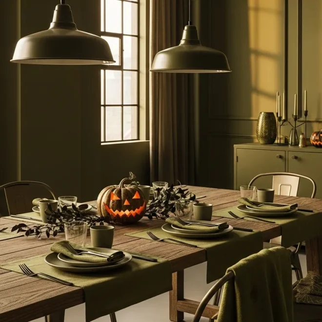 Industrial dining room featuring olive green accents, raw metal fixtures, and rustic wood furniture.
