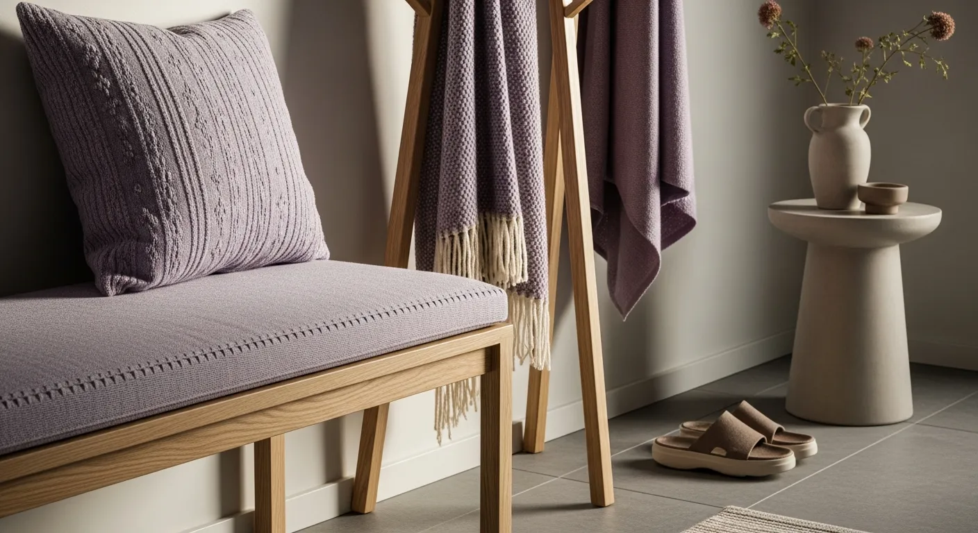 Modern Scandi entryway furniture featuring light blonde wood and soft lavender walls