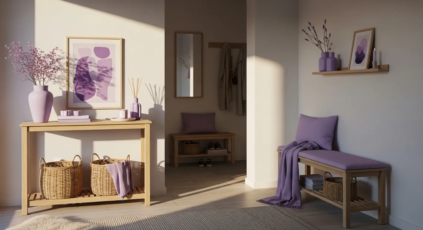 Lavender and light wood color combinations for a minimalist Scandinavian foyer design