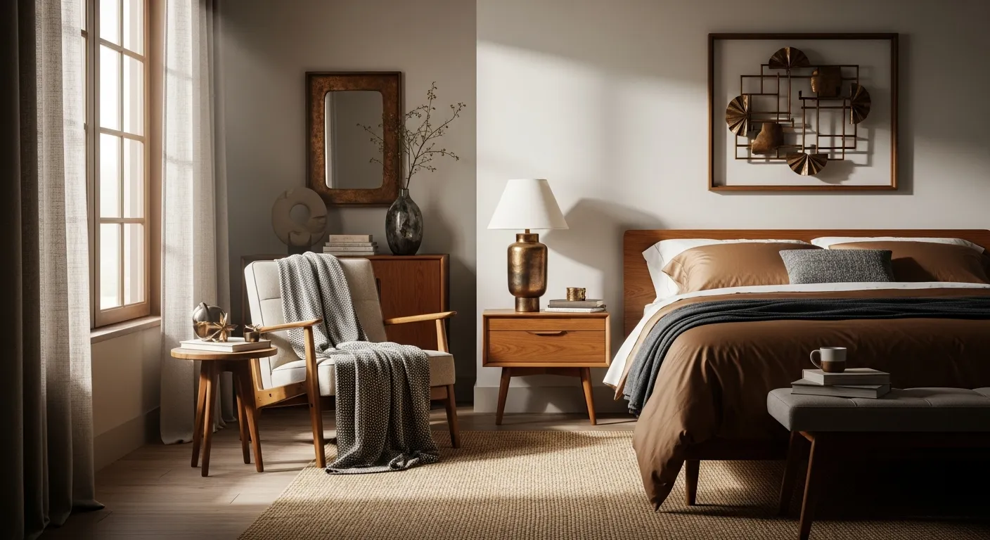 Warm bronze bedroom decor with sleek walnut lines highlighting mid-century aesthetics