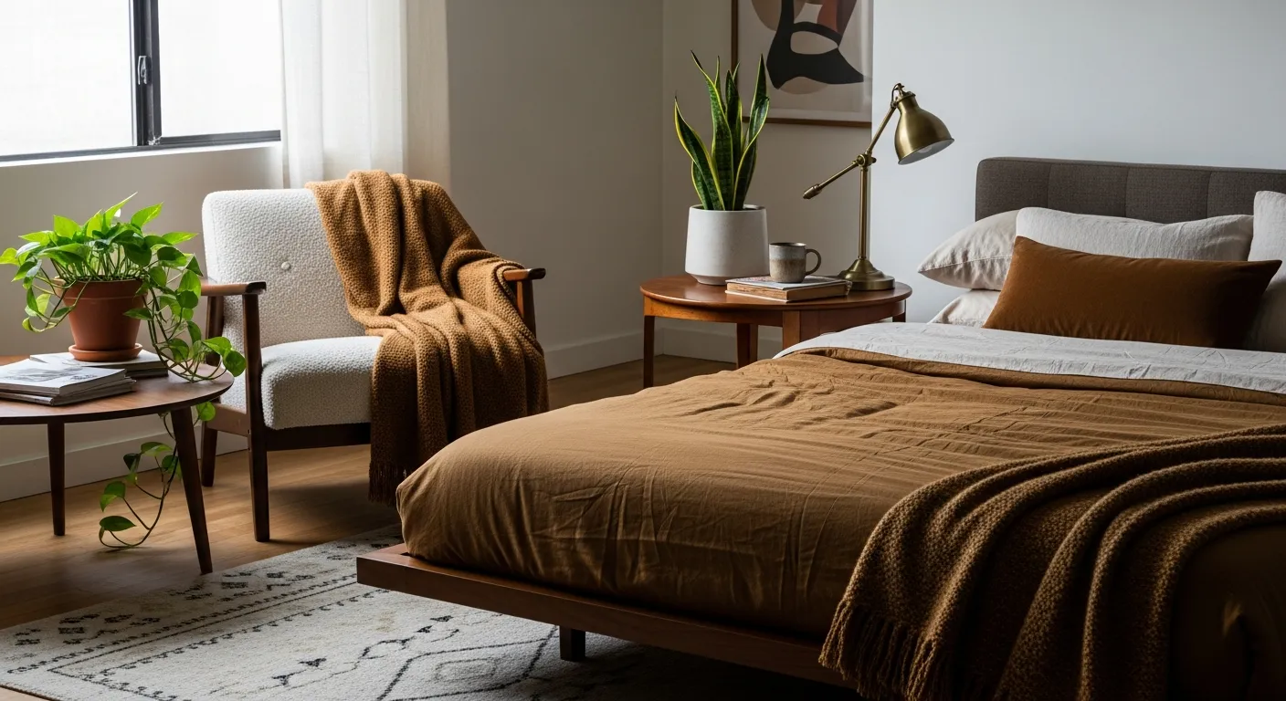 Natural light highlighting bronze accents in a sleek mid-century modern sleeping space