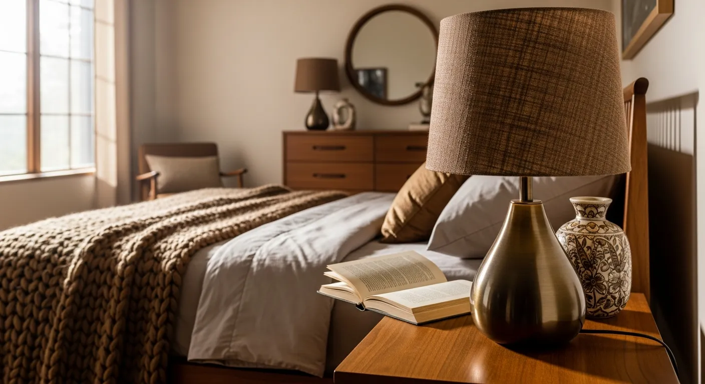 Clean lines and warm bronze bedding completing a stylish mid-century modern bedroom