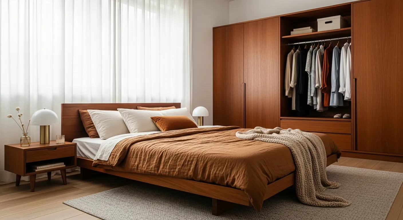 Rich bronze textiles harmonizing with sleek walnut furnishings in a mid-century space