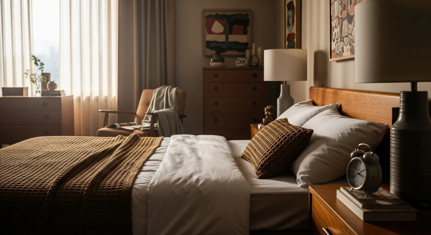Beautiful mid-century modern bedroom setup highlighting natural wood warmth and bronze tones