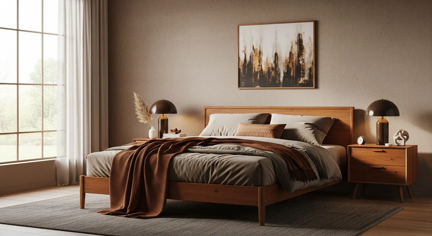 Bronze bed frame and walnut nightstands in a beautifully styled mid-century modern bedroom layout