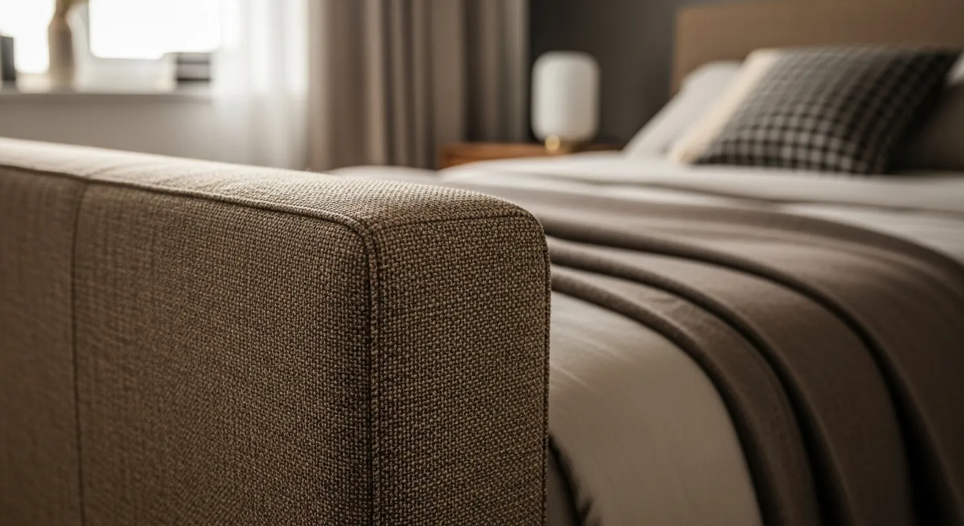 Sleek wooden furniture and bronze textiles in a cozy mid-century modern bedroom setup
