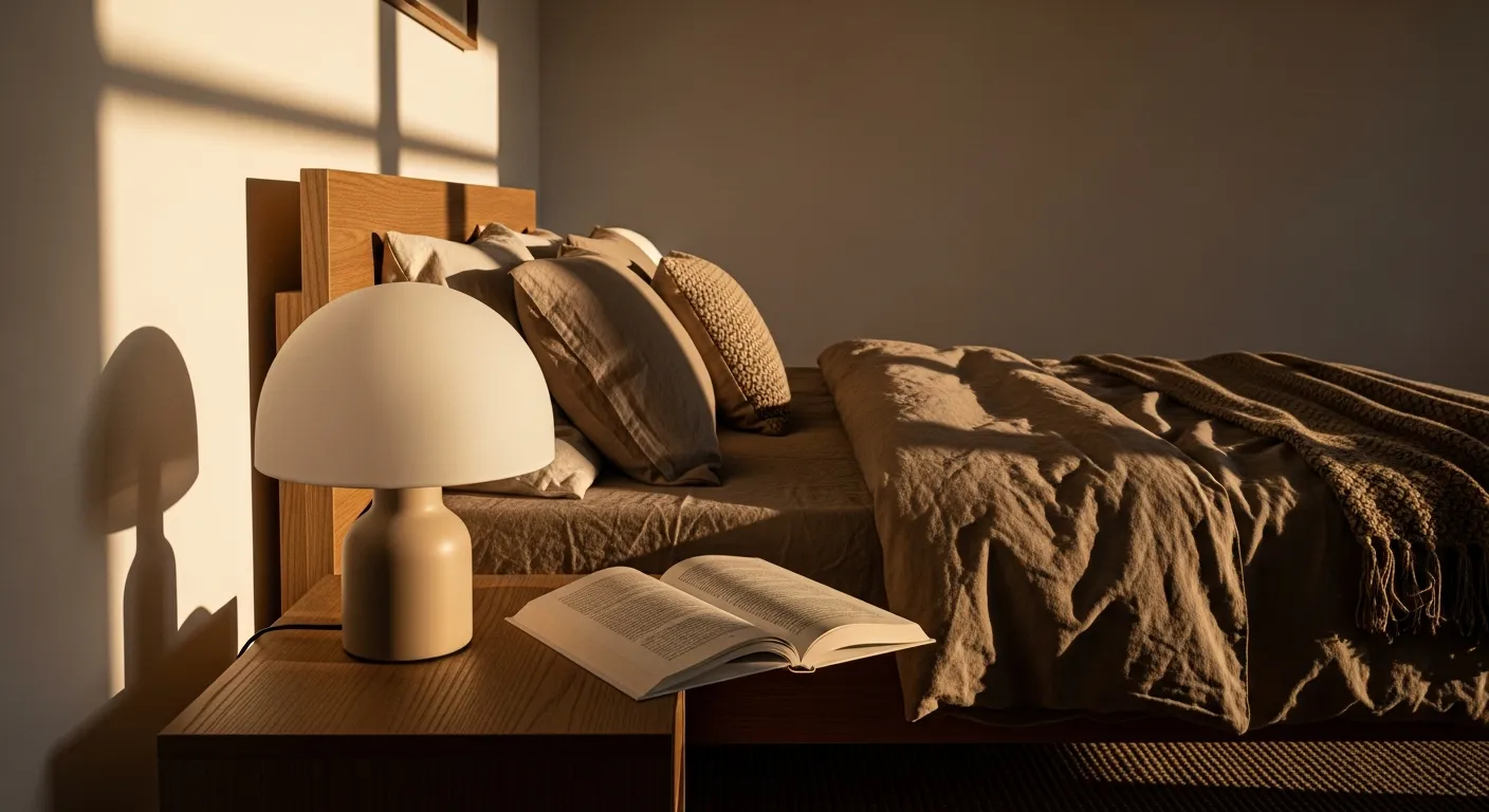 Cozy minimalist bedroom setup highlighting mocha linens and natural light