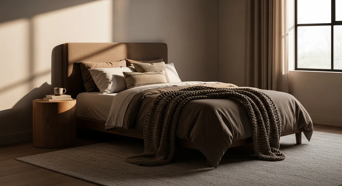 Clean lines and warm mocha walls featured in a minimal bedroom