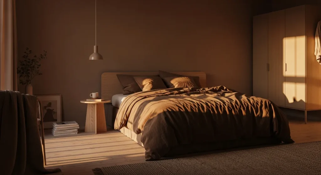 Cozy minimalist bedroom decorated in warm mocha tones with sleek furniture and soft bedding.