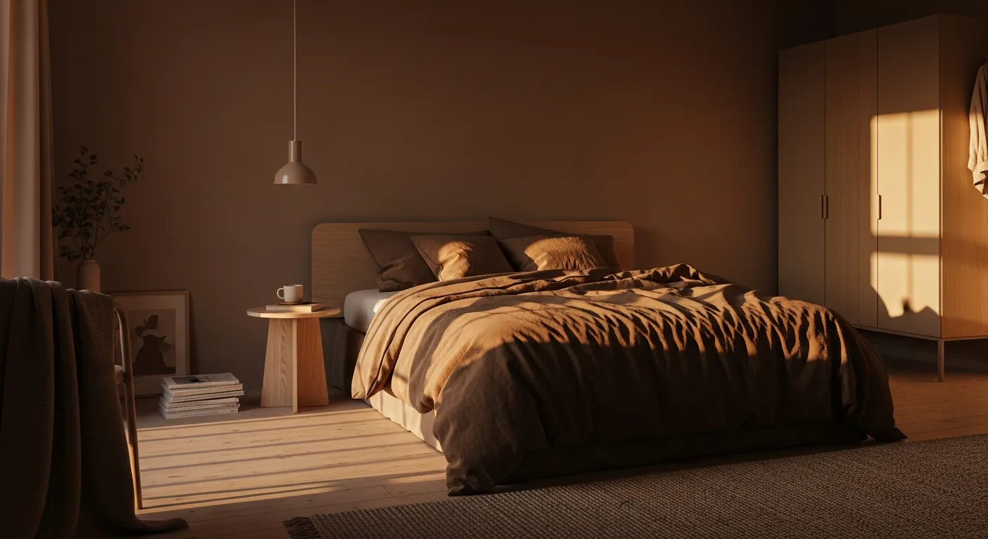 Psychology of warm mocha tones and soothing minimalist bedroom decor