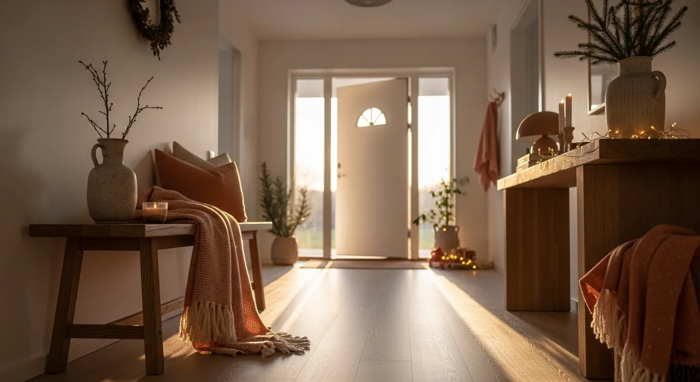 Light oak finishes in a minimalist Scandi entryway painted in warm peach