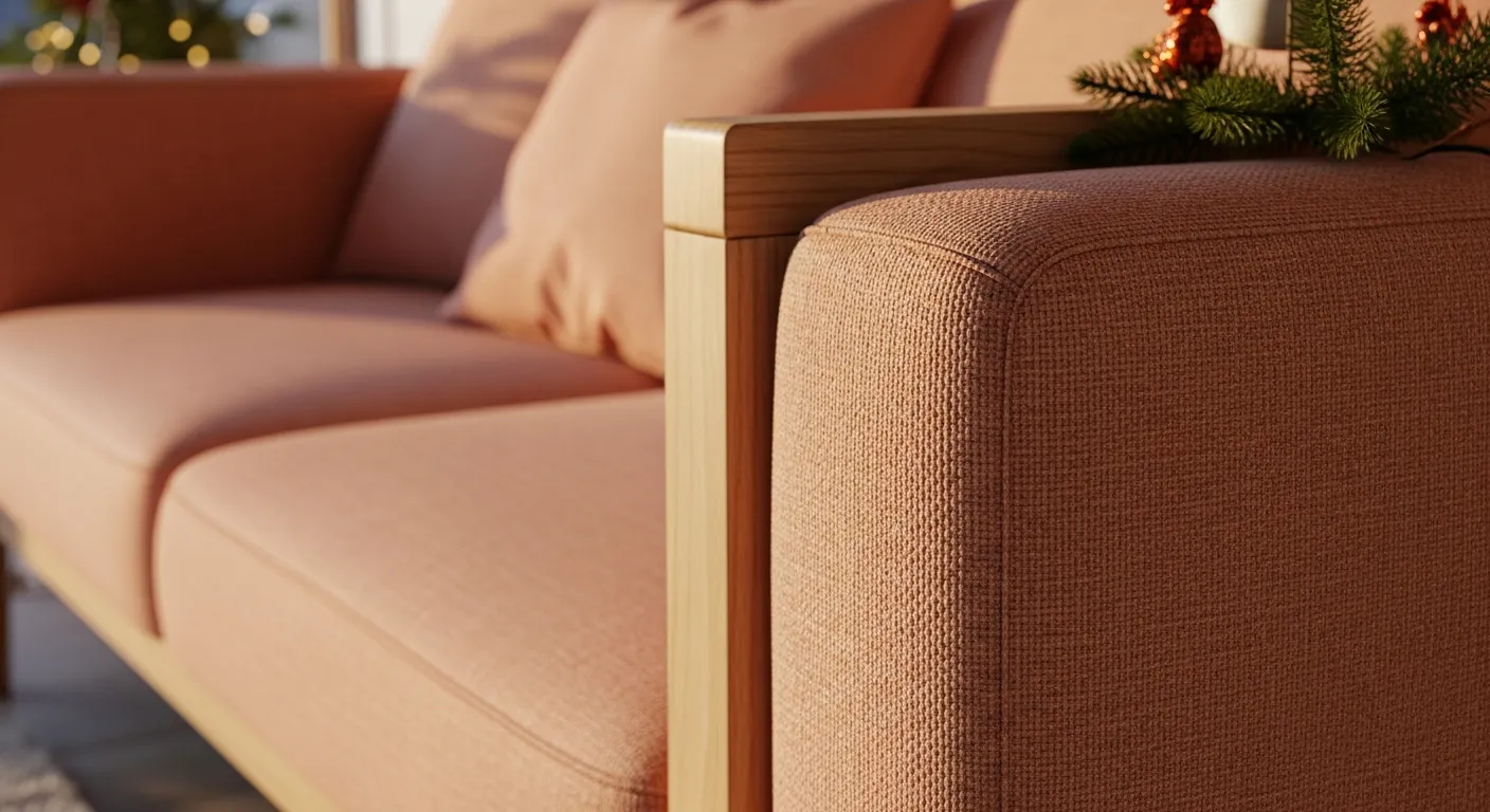 Minimalist light wood console table in a peach Christmas entryway