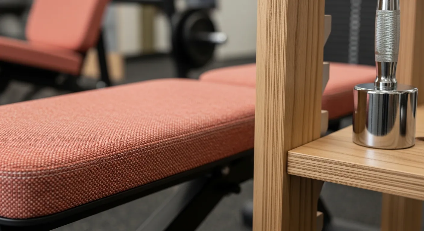 Sleek modern fitness equipment and large mirrors featured in this sunlit coral home gym design.