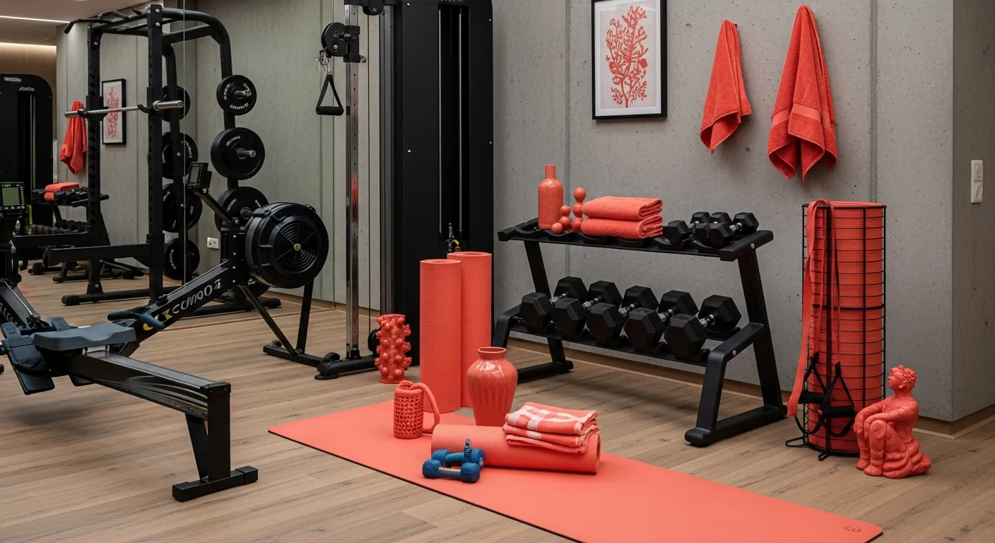 Modern workout sanctuary showcasing coral walls beautifully contrasting with matte black and charcoal minimal gym equipment.
