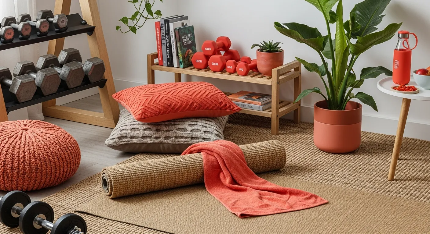 Energizing coral workout space styled perfectly with sleek black exercise equipment and lush green plants for a chic aesthetic.