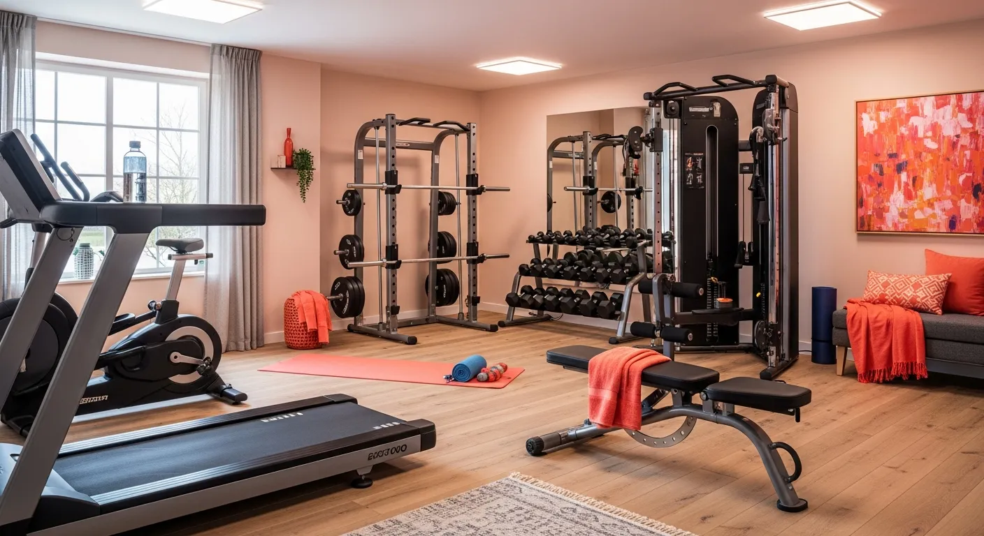 Vibrant coral backdrop bringing a burst of energy to a sleek modern home workout space with minimalist gear.