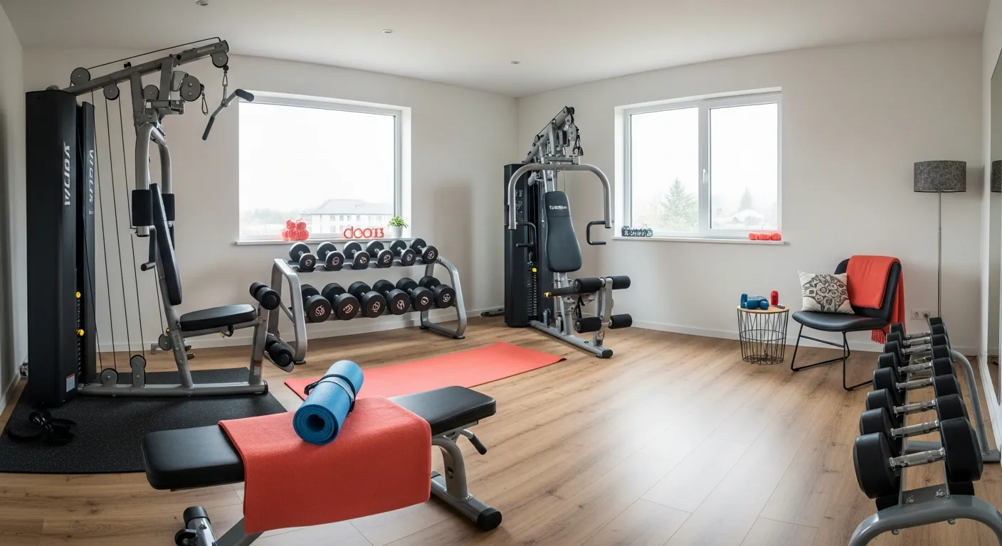 Vibrant coral accent walls transforming a simple modern home gym into an energizing luxury fitness sanctuary.