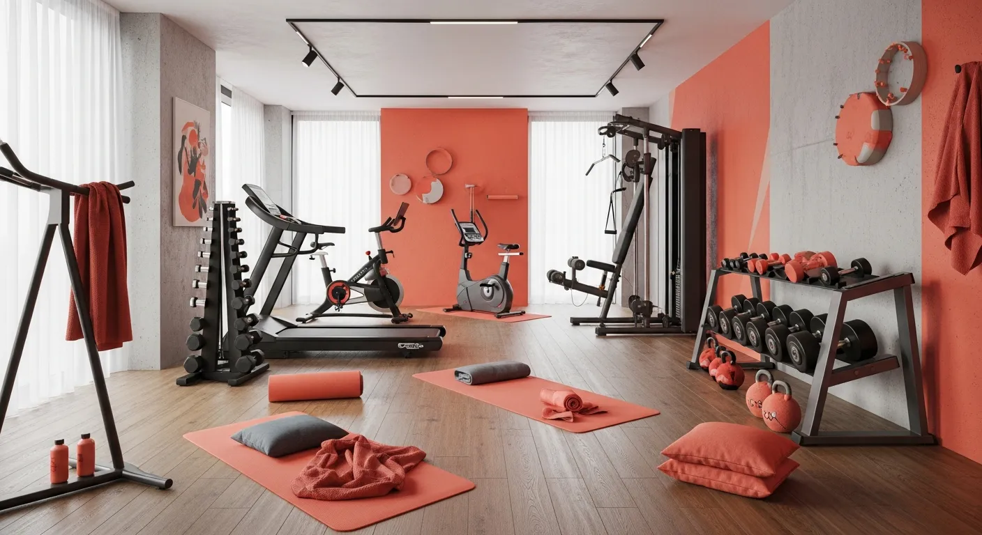 Coral walls in a modern home gym paired with sleek dark exercise equipment to boost workout energy and motivation.