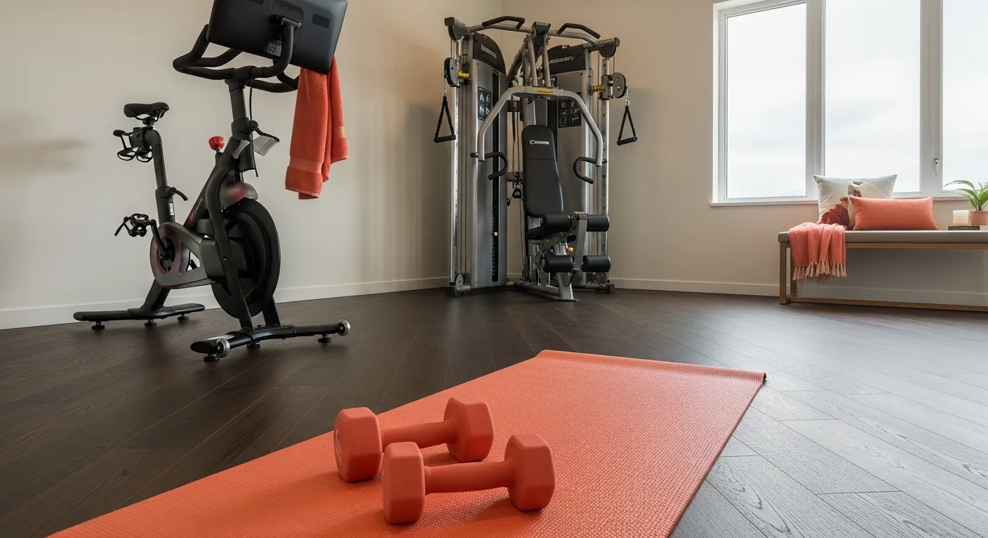 Sleek modern home gym featuring dark workout equipment set against an energizing coral accent wall.