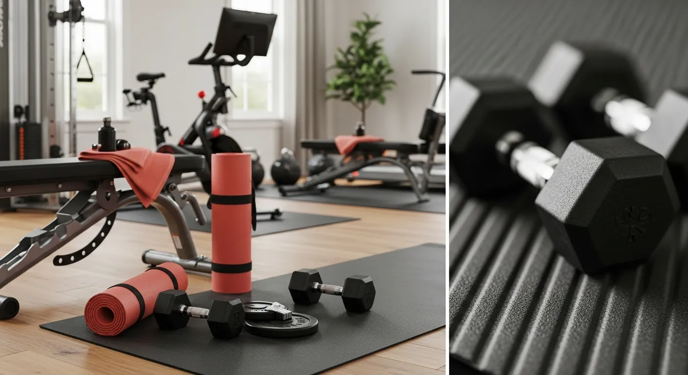 Modern workout equipment paired with vibrant coral accents for sophisticated modern home gym design inspiration.