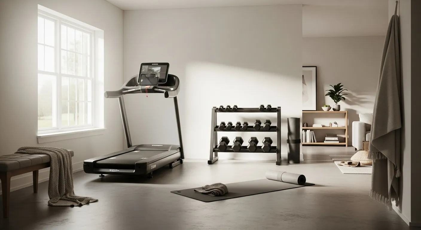 Energizing sanctuary with crisp off-white walls and modern fitness equipment