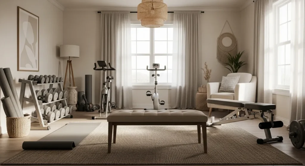 Modern off-white home gym featuring sleek workout equipment and bright natural lighting