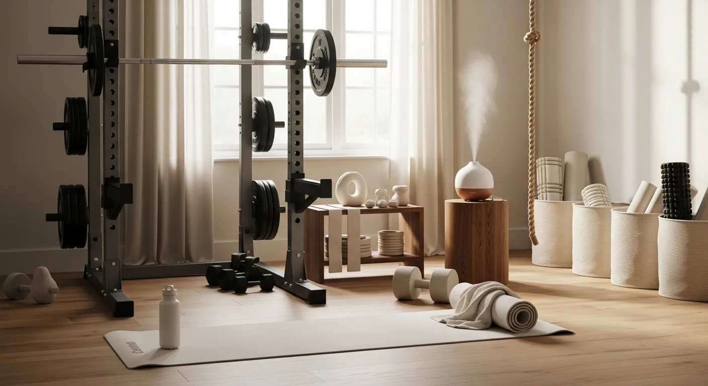 Bright off-white palette contrasting with sleek equipment in a modern home gym setup
