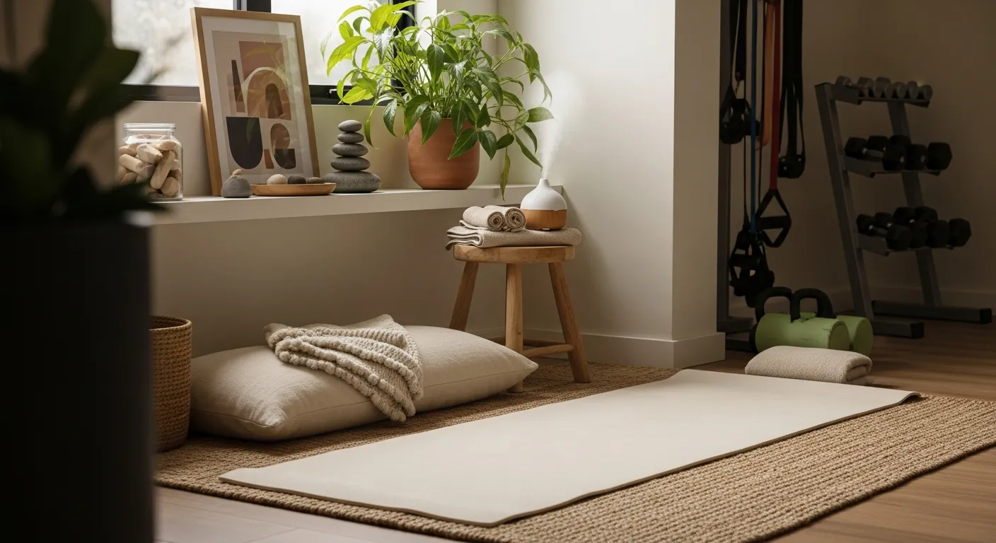 Calming off-white modern workout space showcasing elegant home fitness styling