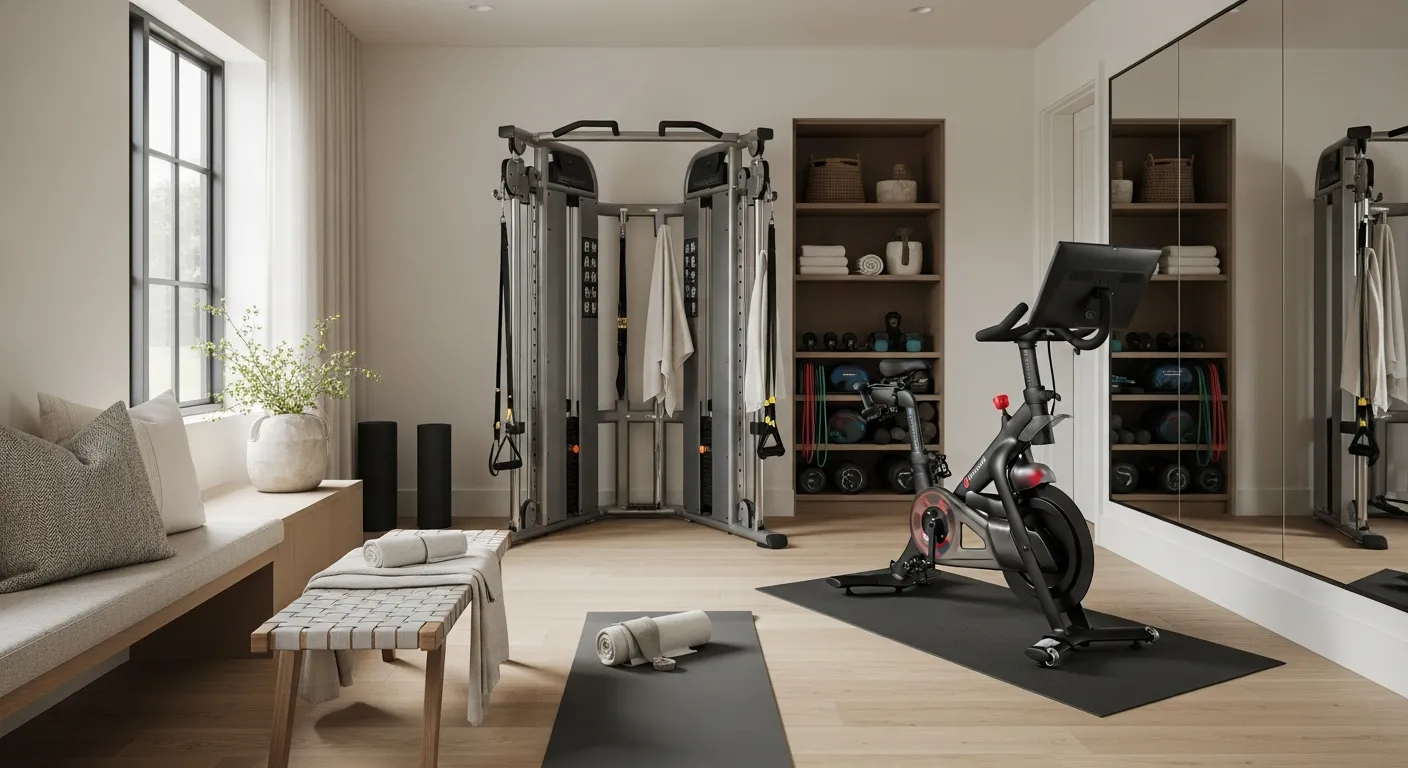 Clean off-white modern home gym transforming daily workouts into a peaceful retreat