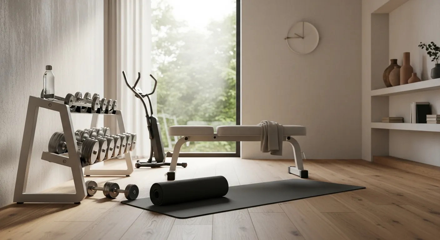 Modern home gym featuring off-white walls, sleek workout equipment, and large mirrors