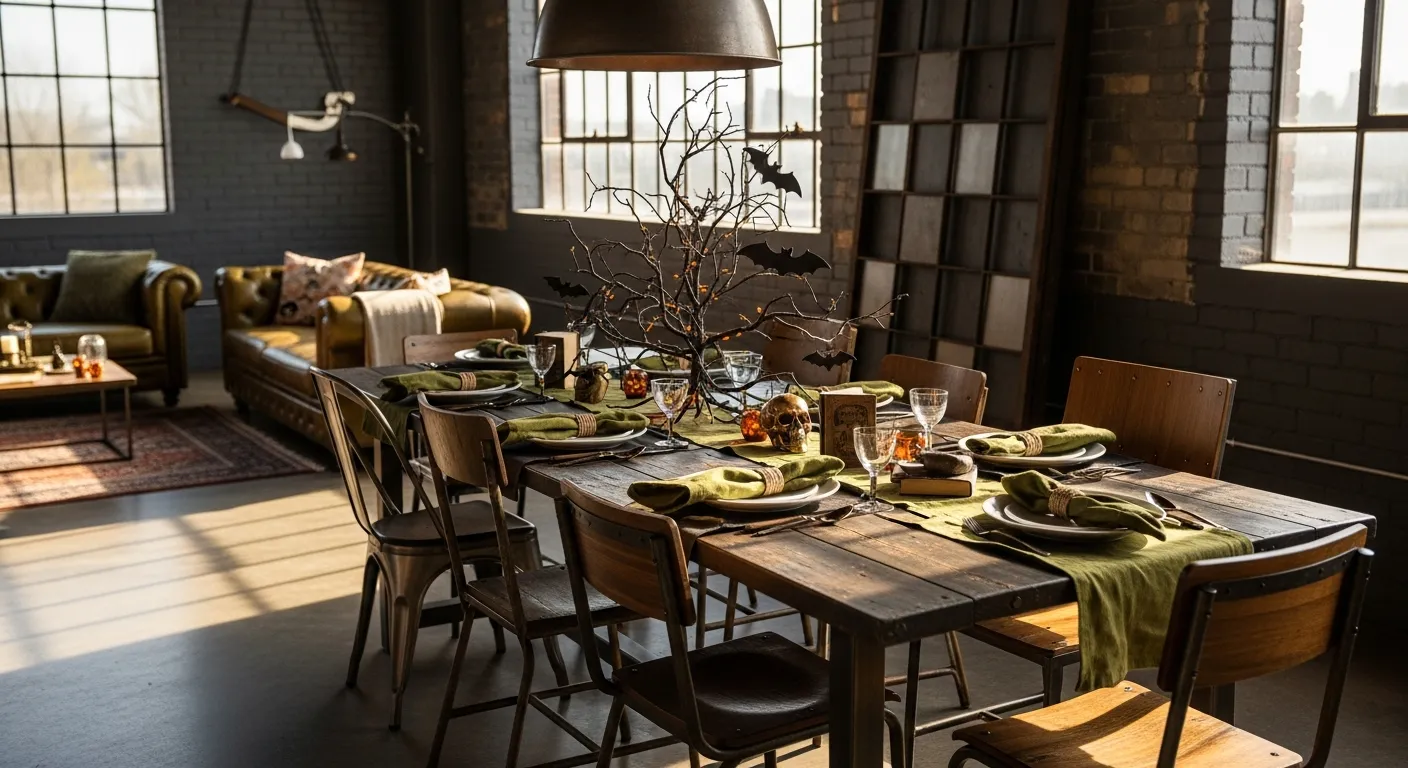 Warm lighting and edgy metal accents in an olive green dining area