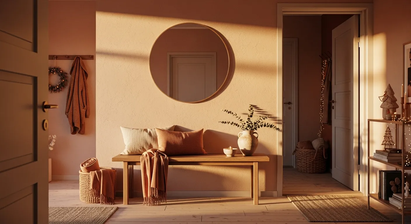 Cozy peach walls in a Scandinavian entryway featuring minimalist winter decor