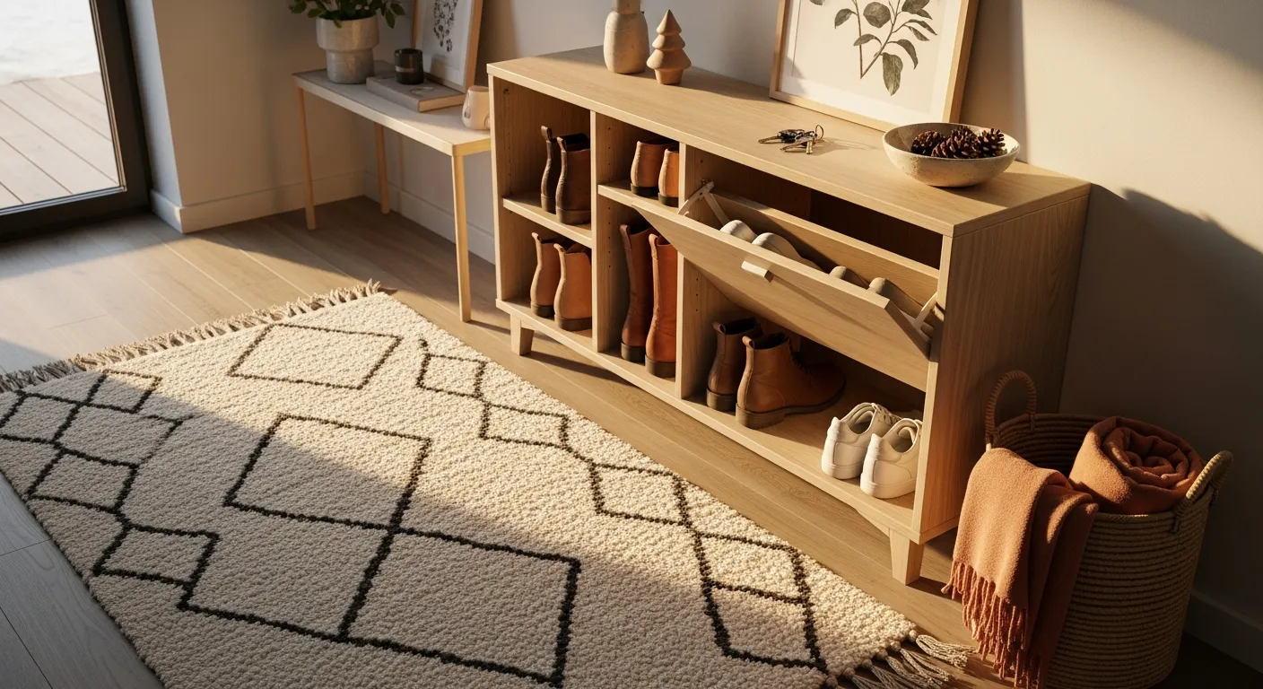 Clean lines and light oak wood styling in a peach-themed Scandinavian foyer