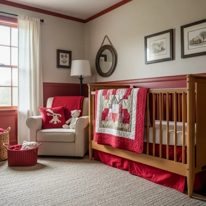 Cozy farmhouse nursery featuring warm red accents, a wooden crib, and rustic wall decor.