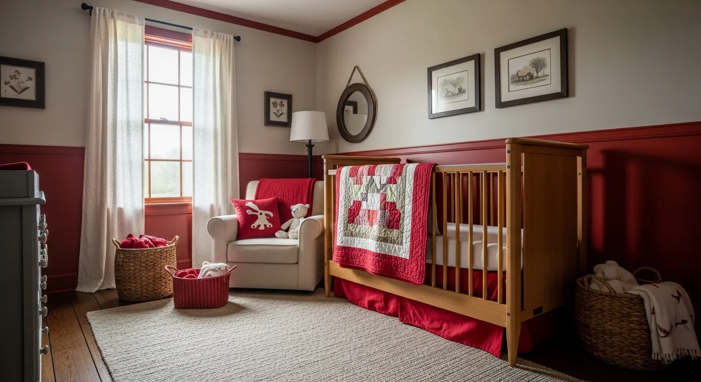 Farmhouse nursery room featuring warm red wall accents, a wooden crib, and rustic decor