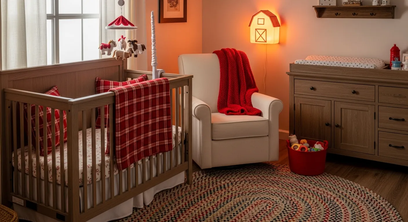 Cheerful red farmhouse nursery featuring rustic wood panels and vintage children's decor
